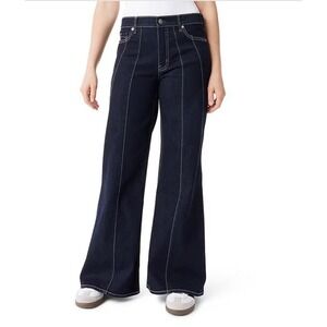 Frayed Jeans Womens High Rise Wide Leg Seam Front Contrast Stitch Indigo Blue 6